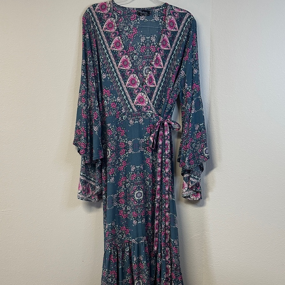 Coastal Traders Bohemian Bell Sleeve Maxi Wrap Dress Size L/XL